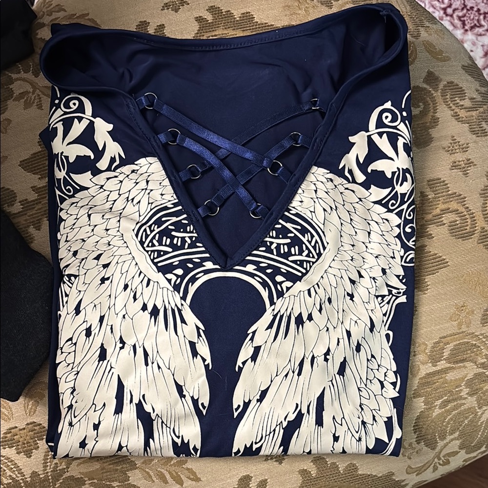 Blue and White Graphic Cut Out Tee